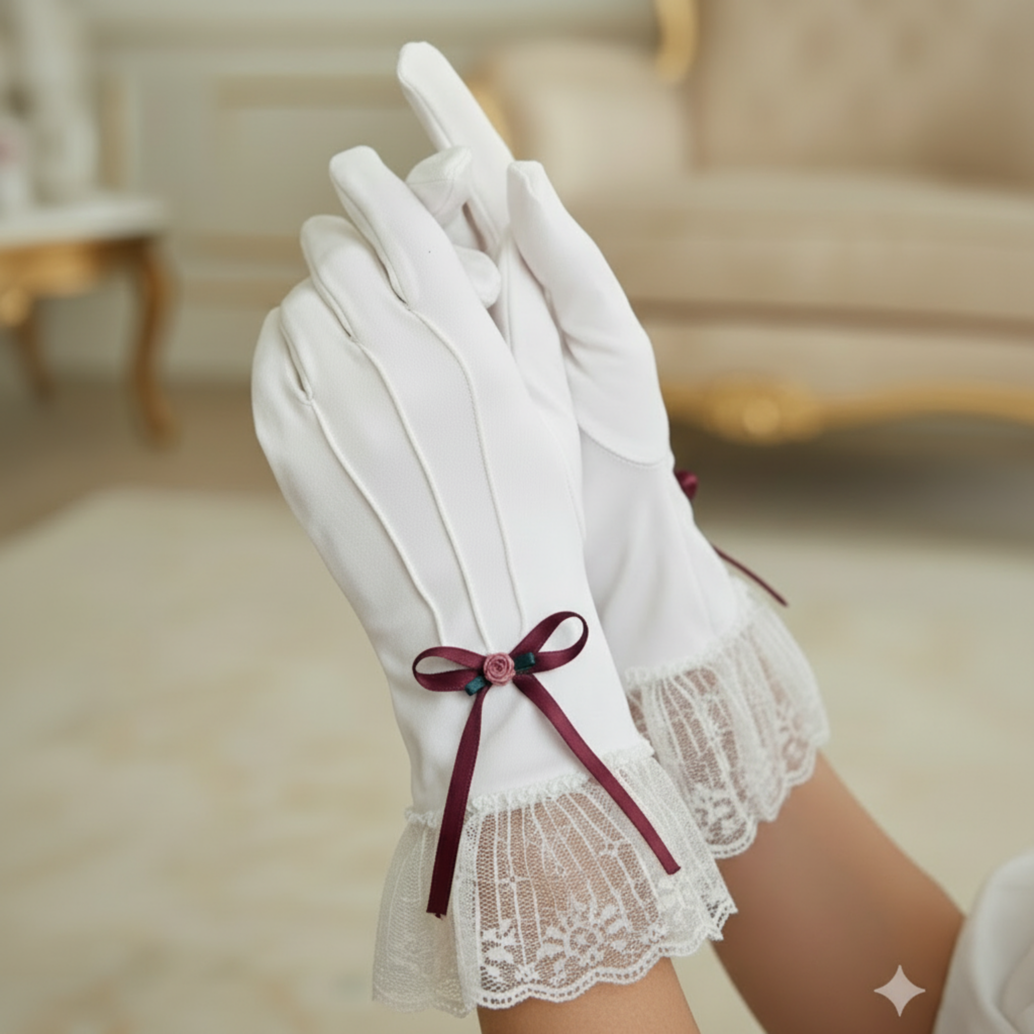 White gloves with a red bow held by a person in an elegant room.
