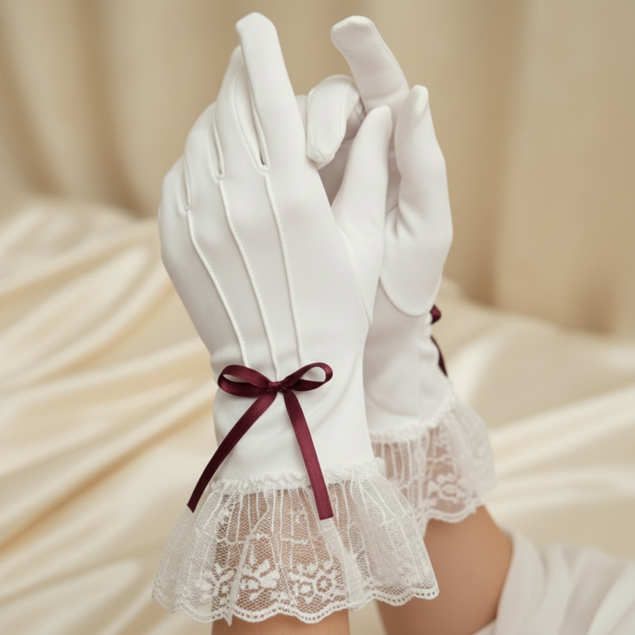 White gloves with lace cuffs and a red ribbon on a beige background