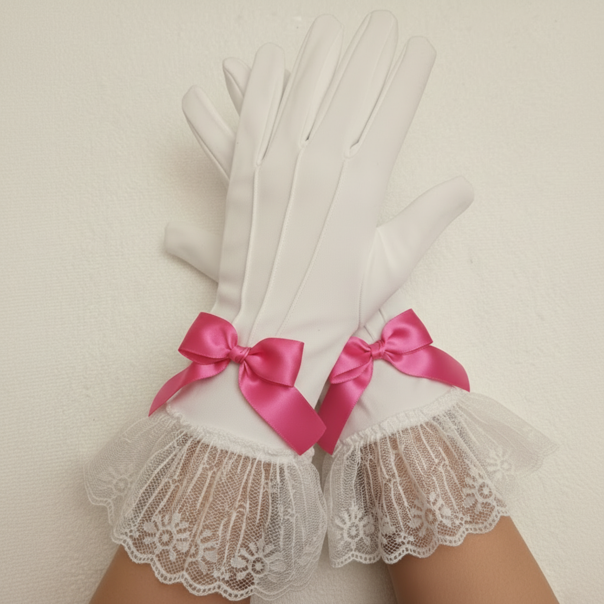 White lace gloves with pink ribbon bows on a neutral background