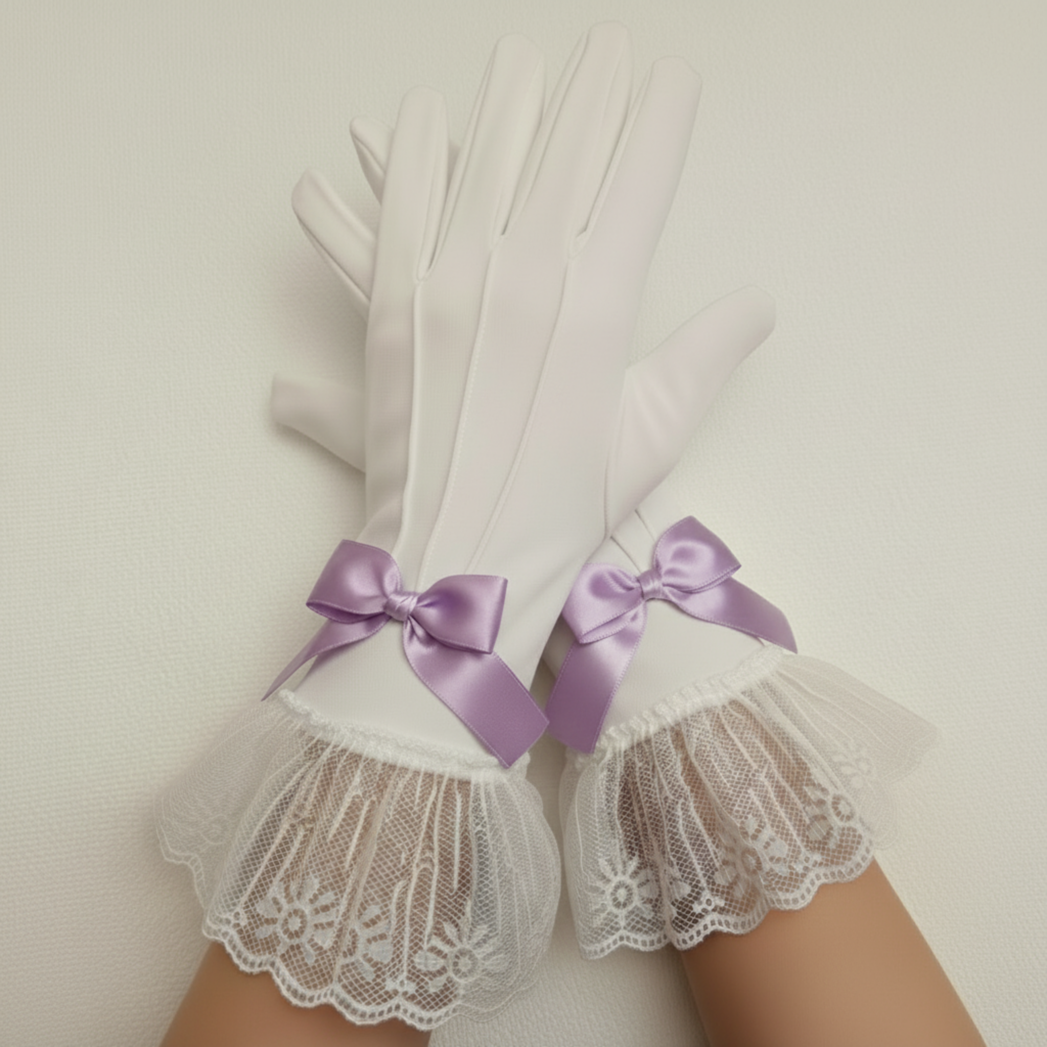 White lace gloves with purple ribbon bows on a neutral background