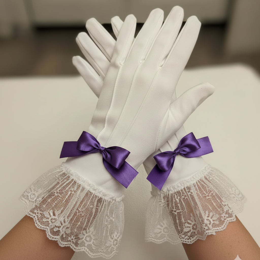 White gloves with lace cuffs and purple ribbon bows on a neutral background