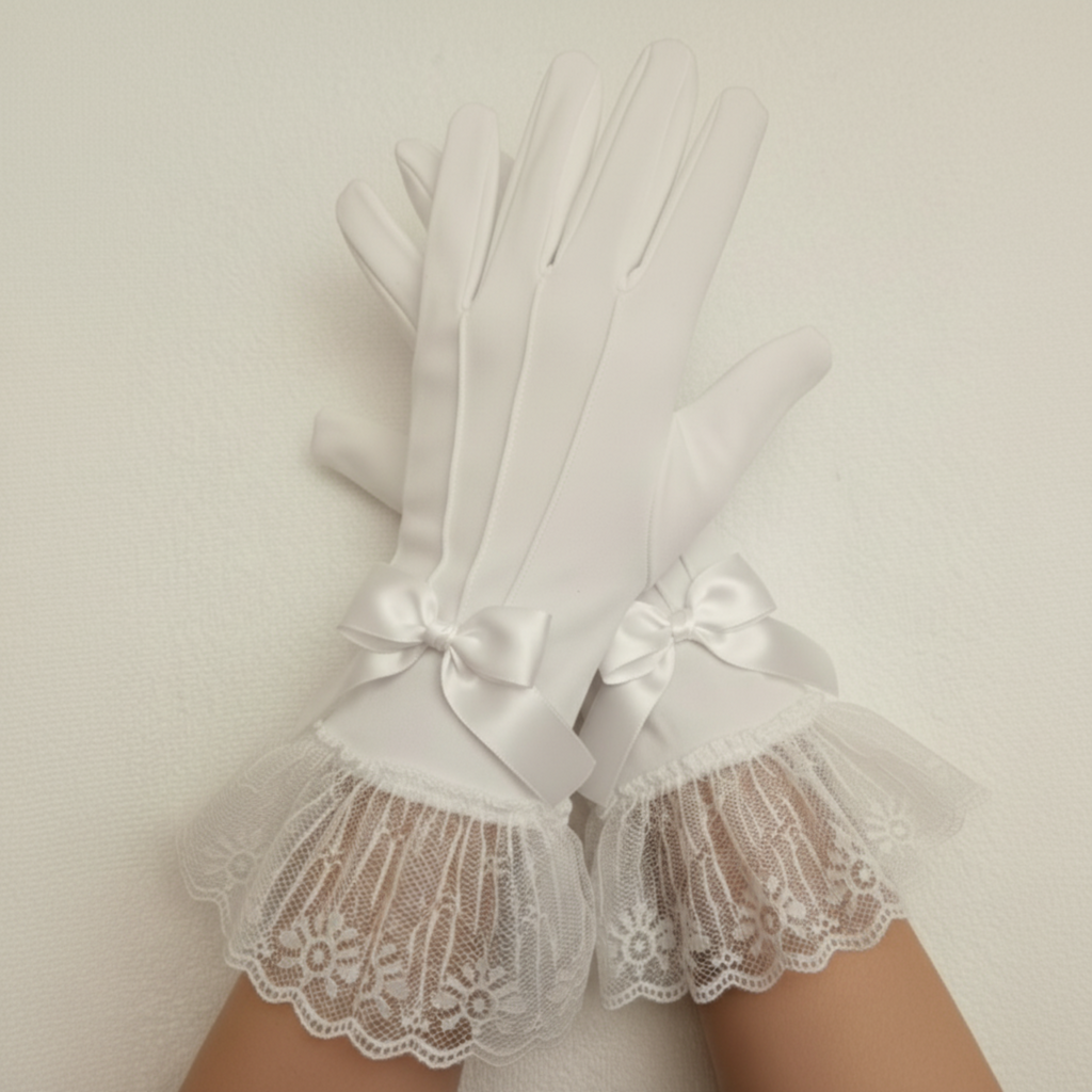 White lace gloves with ribbon bows on a neutral background