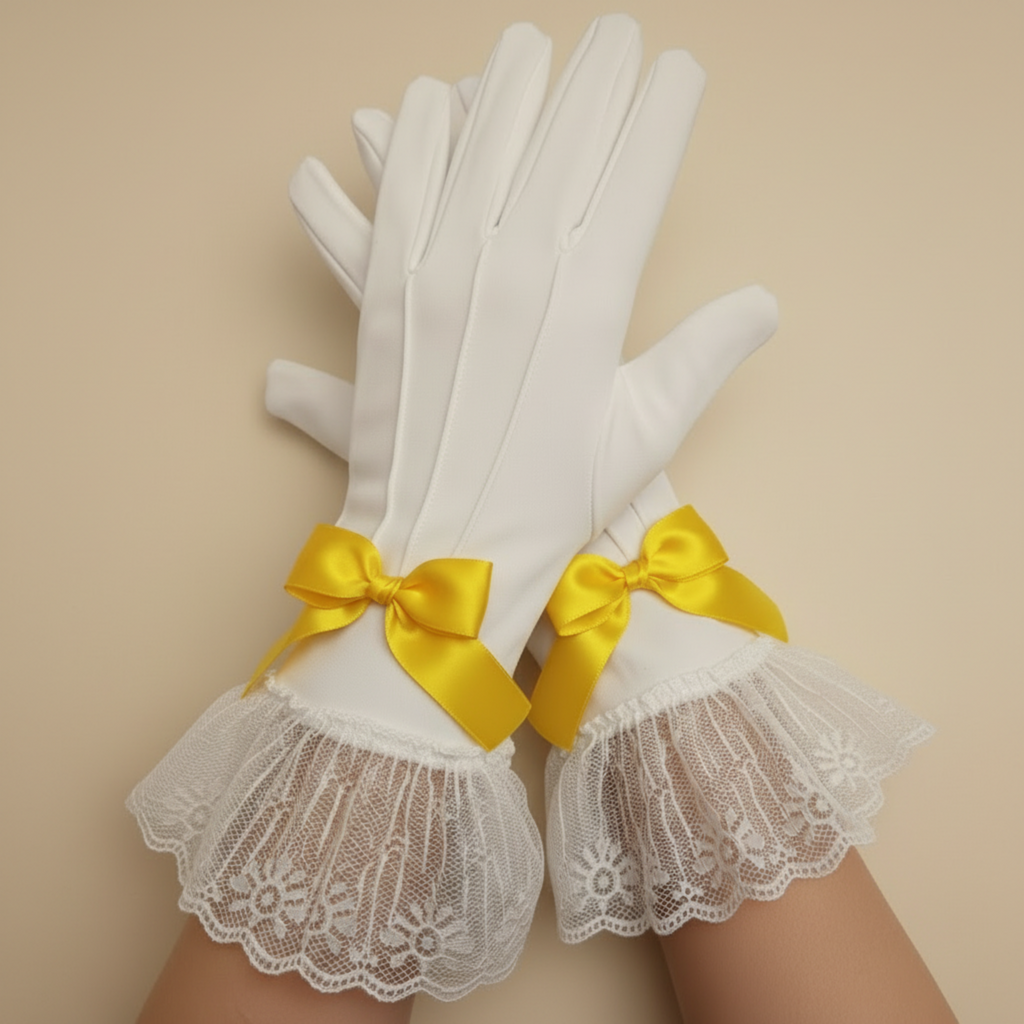 White lace gloves with yellow ribbon bows on a neutral background