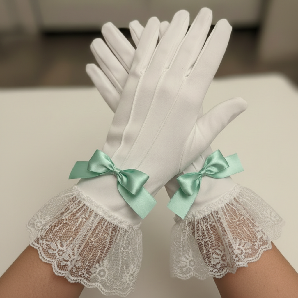 White gloves with lace cuffs and mint green bows on a neutral background