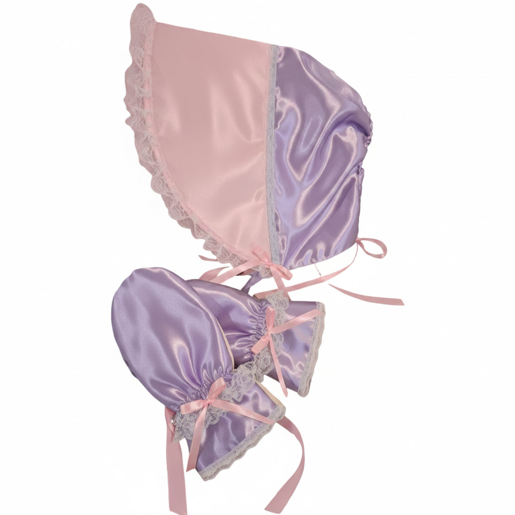 A pink and lavender satin sissy bonnet and mittens