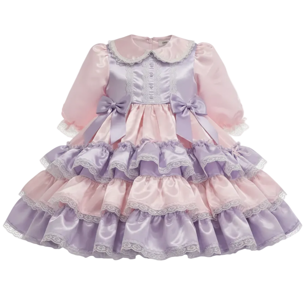 A pink and lavender satin sissy dress with lace trim on a white background