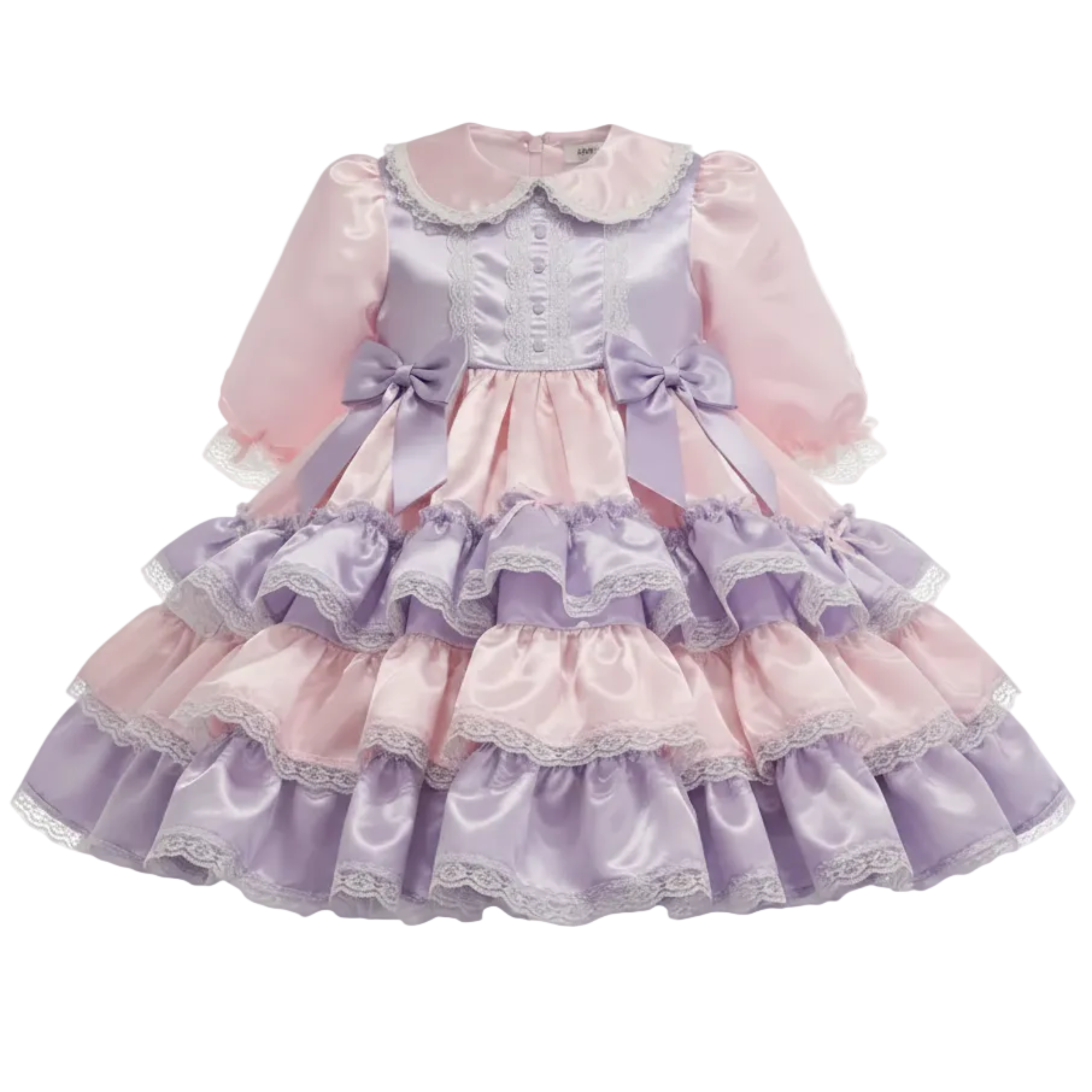 A pink and lavender satin sissy dress with lace trim on a white background