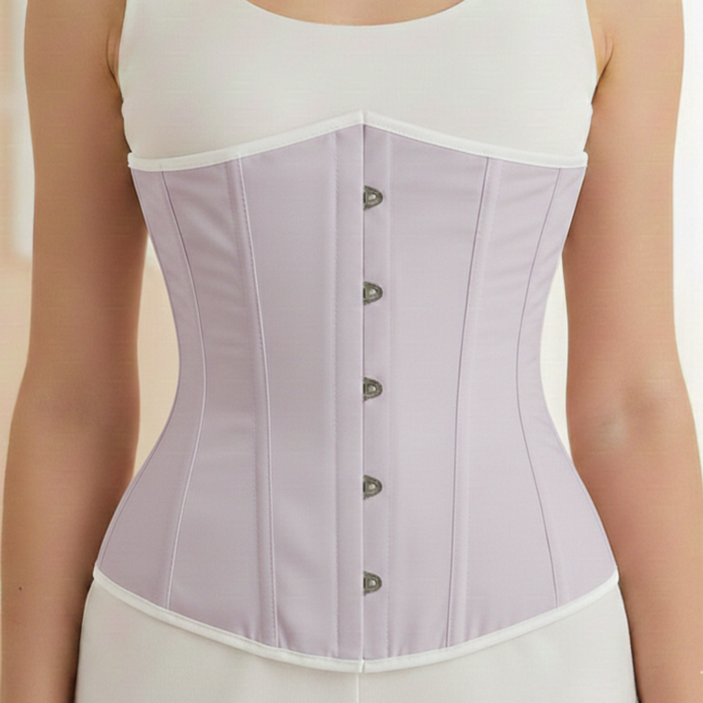 Woman wearing a light purple waist trainer corset over a white top and pants.