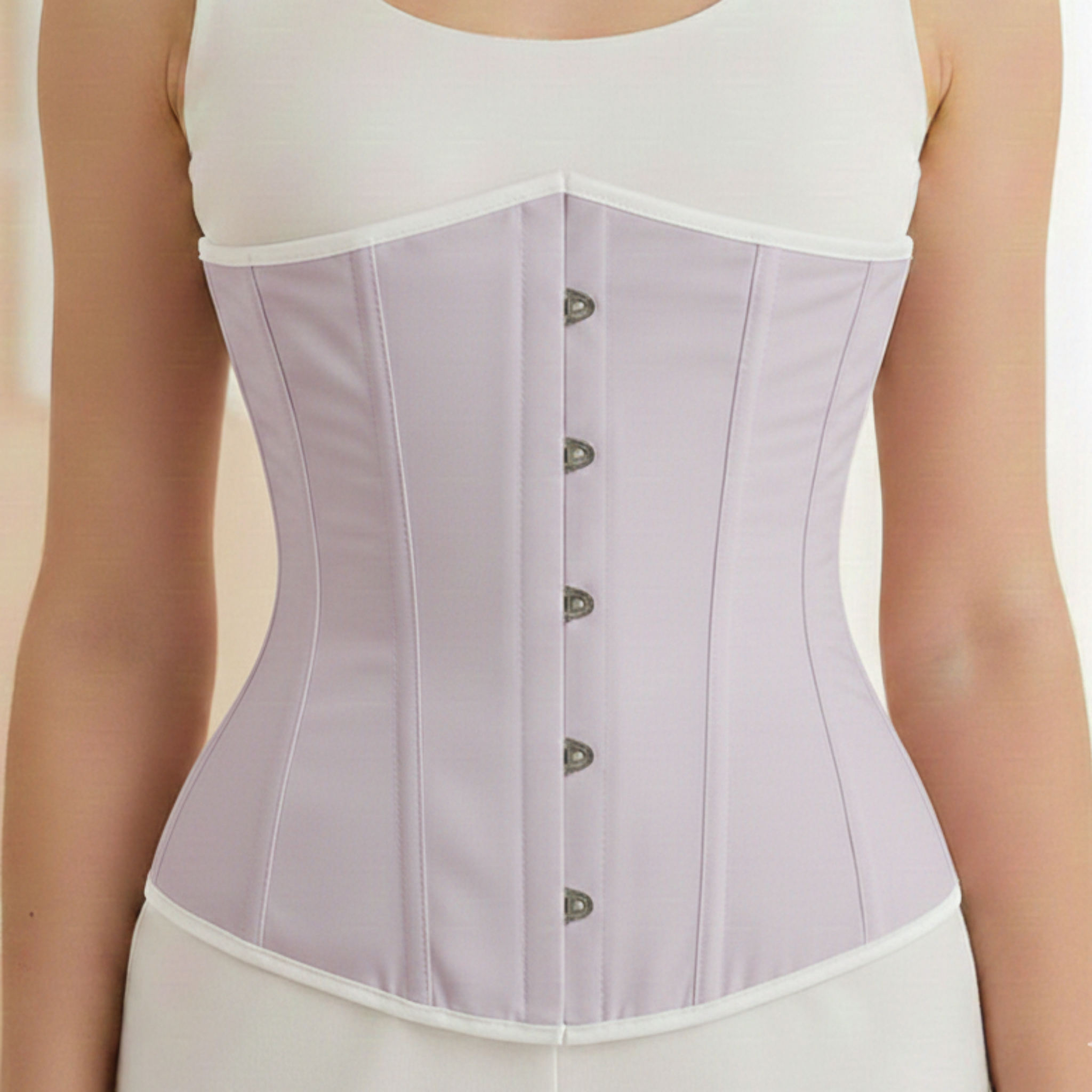 Woman wearing a light purple waist trainer corset over a white top and pants.