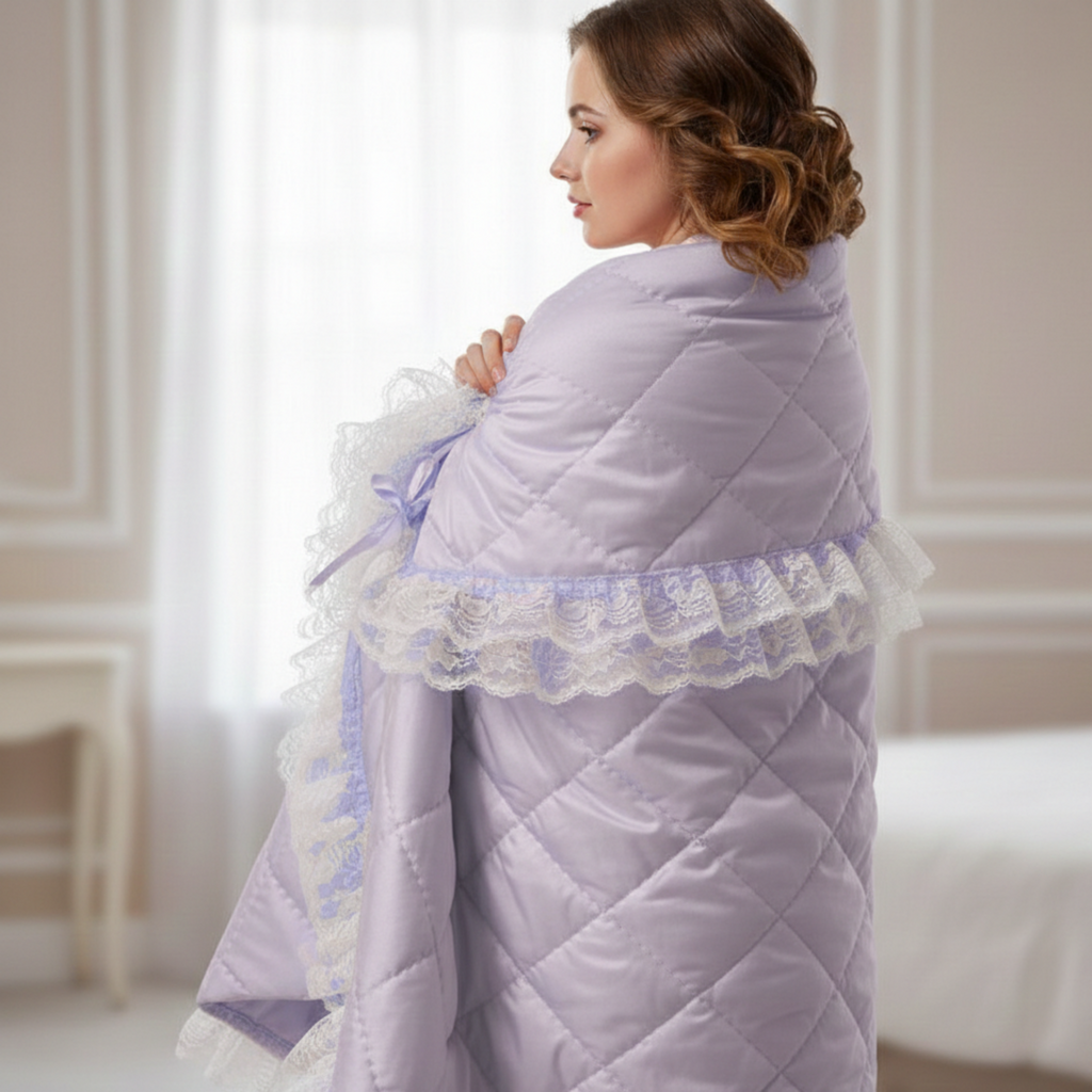 Woman wrapped in a lavender snuggle quilt with lace trim in a bedroom setting