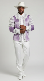 Man wearing a purple and white outfit with ruffled details on a gray background
