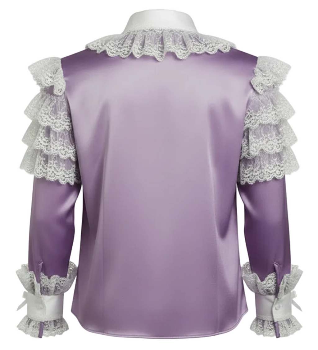 Purple satin shirt with white lace details on a white background