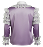 Purple satin shirt with white lace details on a white background