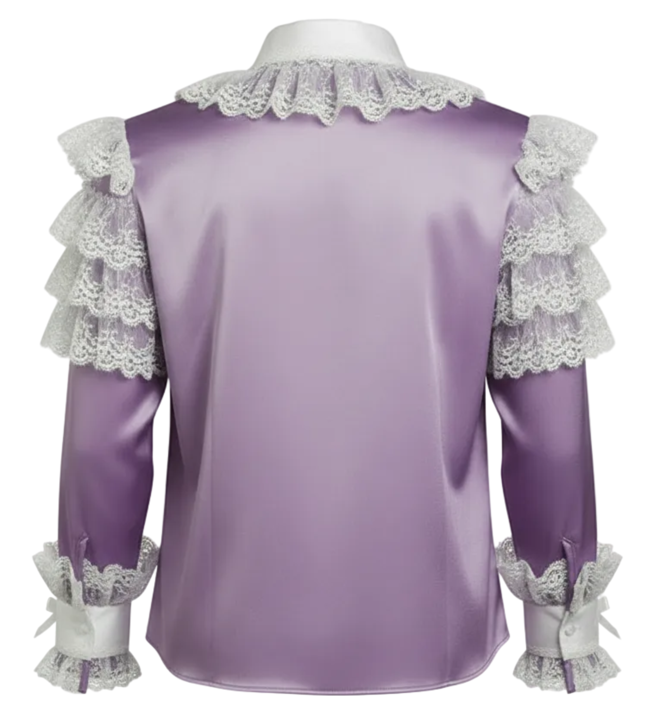 Purple satin shirt with white lace details on a white background