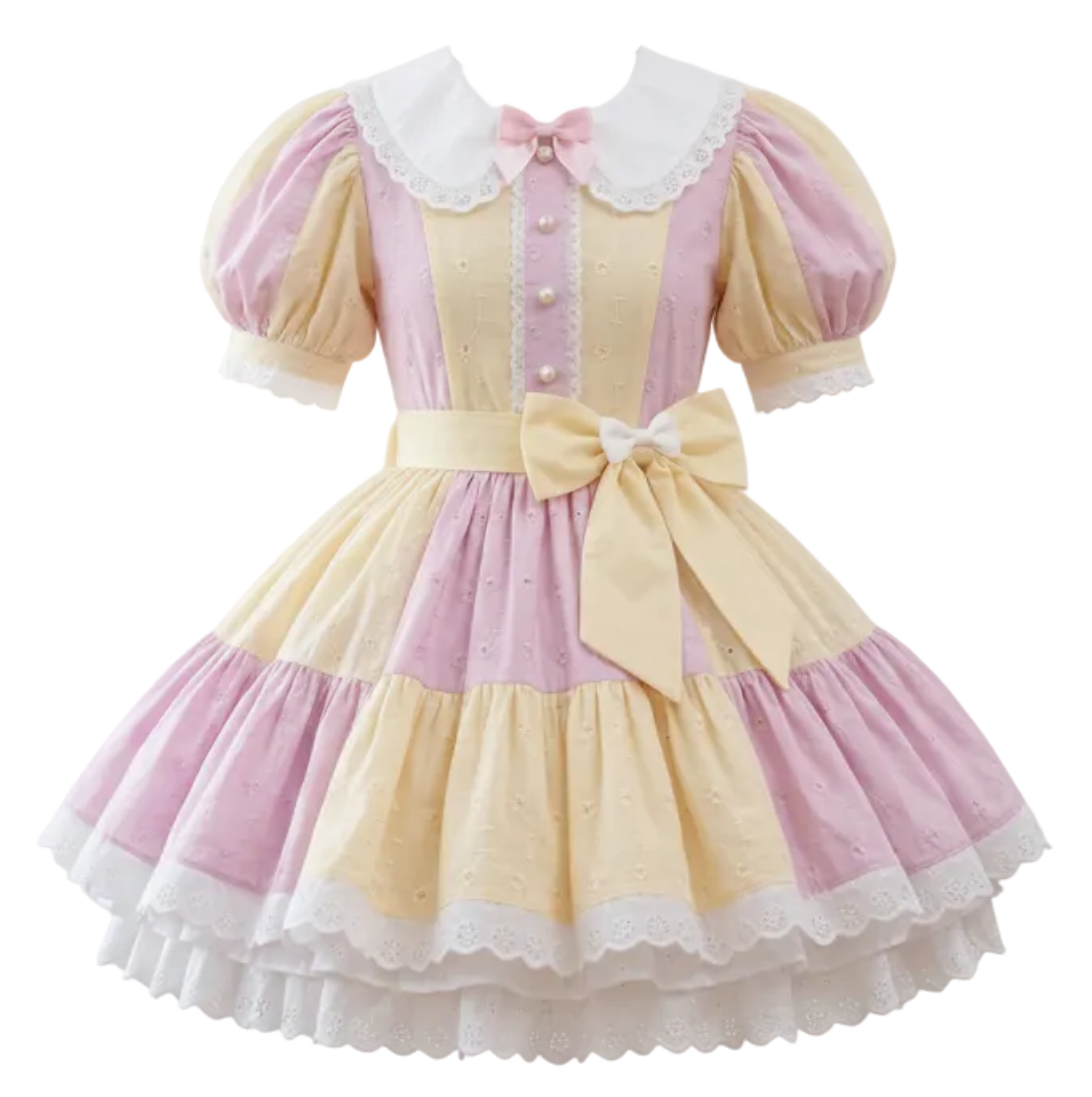 A pink and yellow eyelet sissy dress with white lace, buttons, and bows