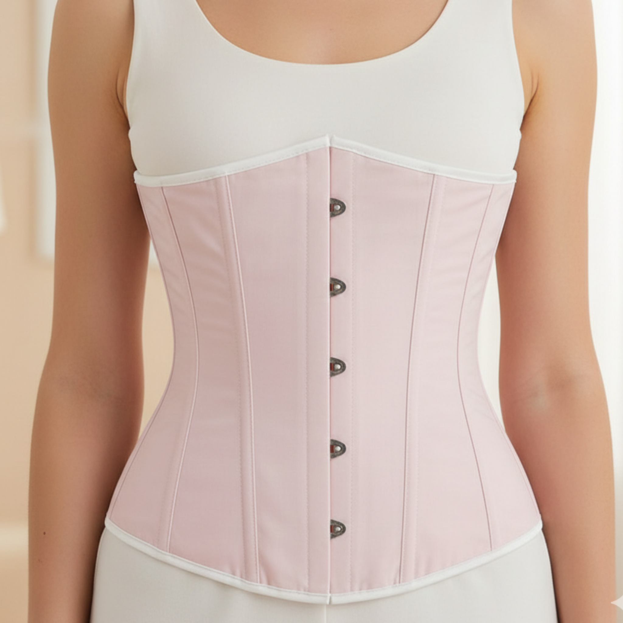 Woman wearing a light pink corset over a white top and pants on a neutral background