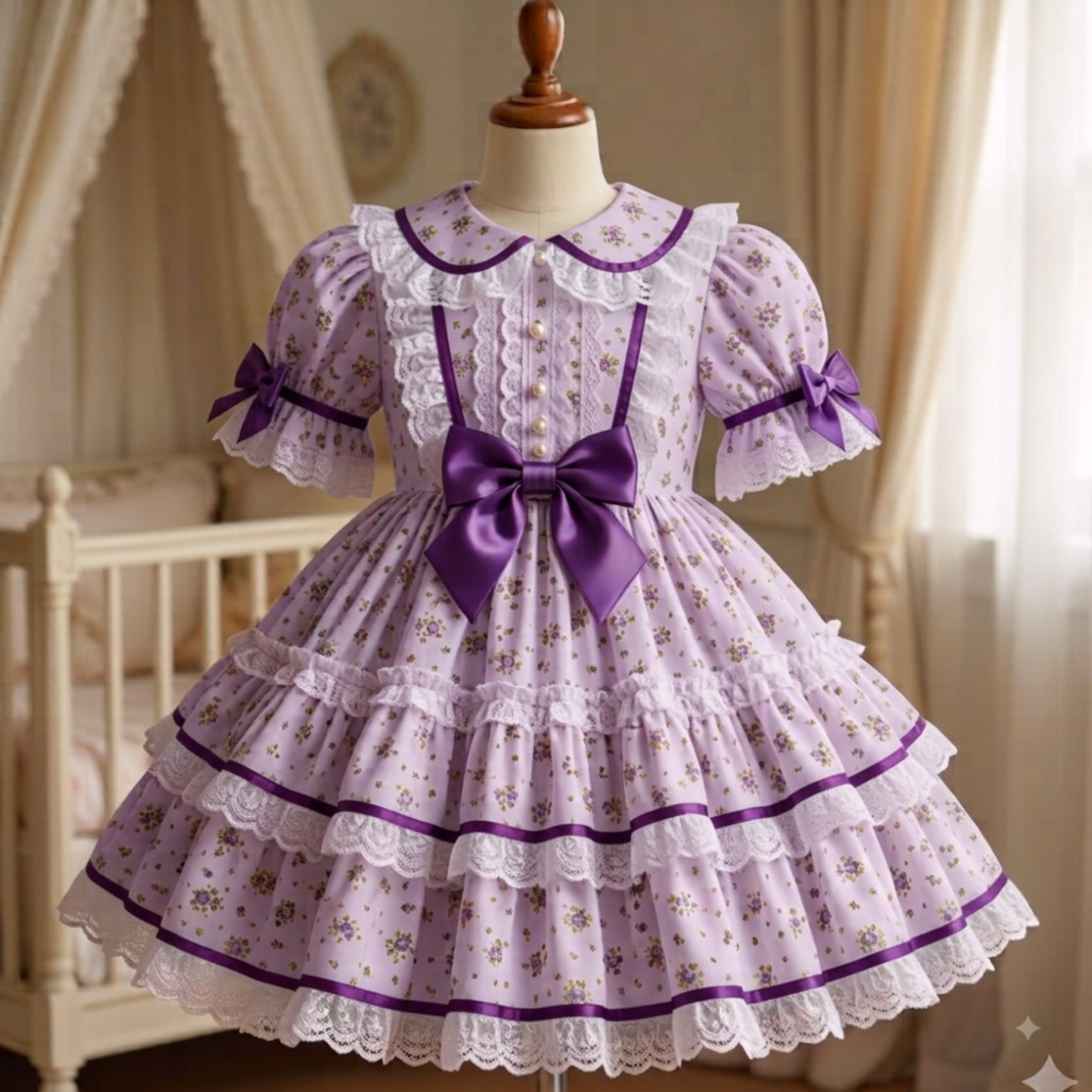 A lavender and purple floral Lolita-style dress displayed on a mannequin in a softly lit nursery setting. The dress features a large purple bow at the waist, short puff sleeves with lace trim and bows, a Peter Pan collar, and a tiered skirt with white lace trim.