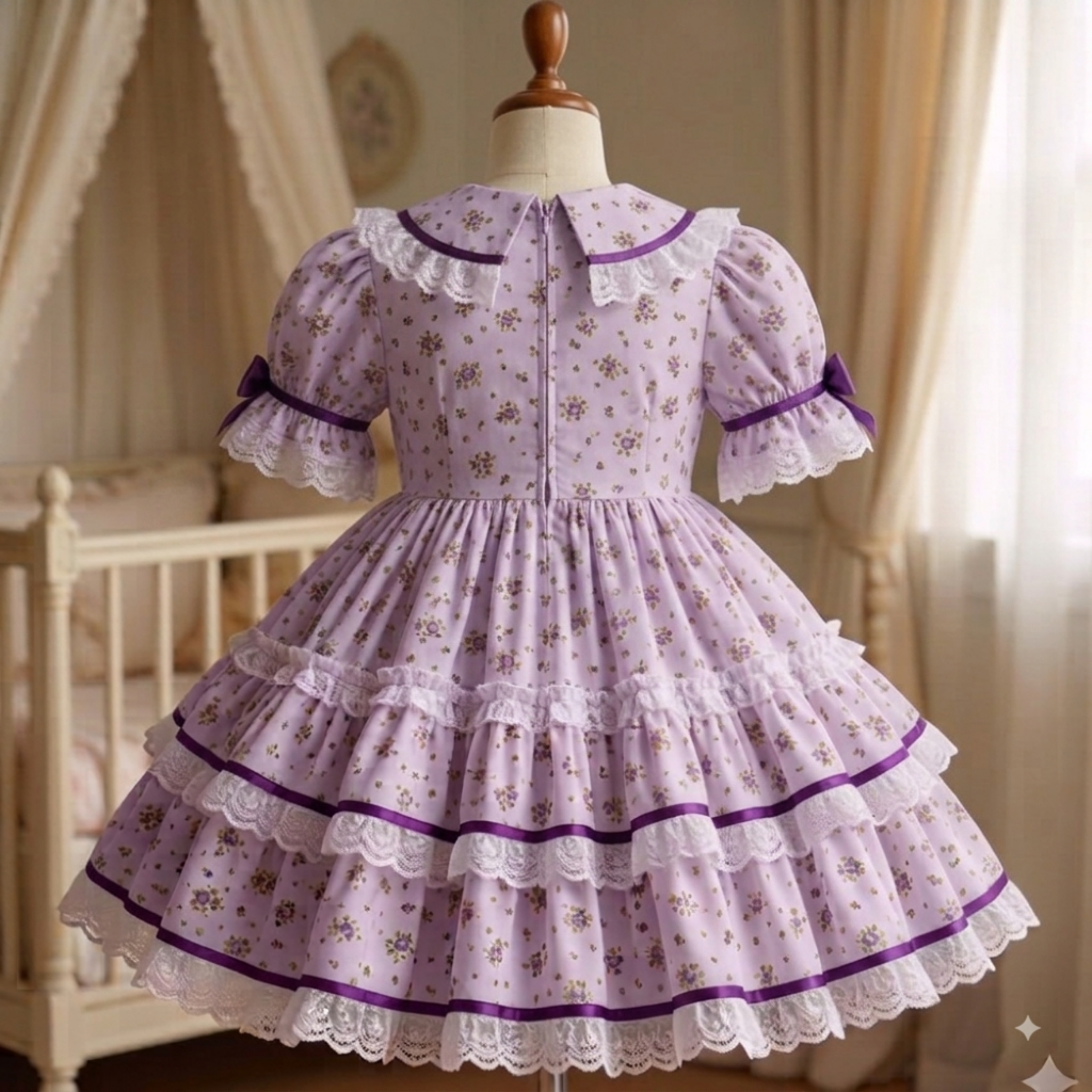 A lavender short-sleeve Lolita dress with a small floral print, white lace trim, and purple ribbon accents, displayed on a wooden dress form in a softly lit nursery setting.