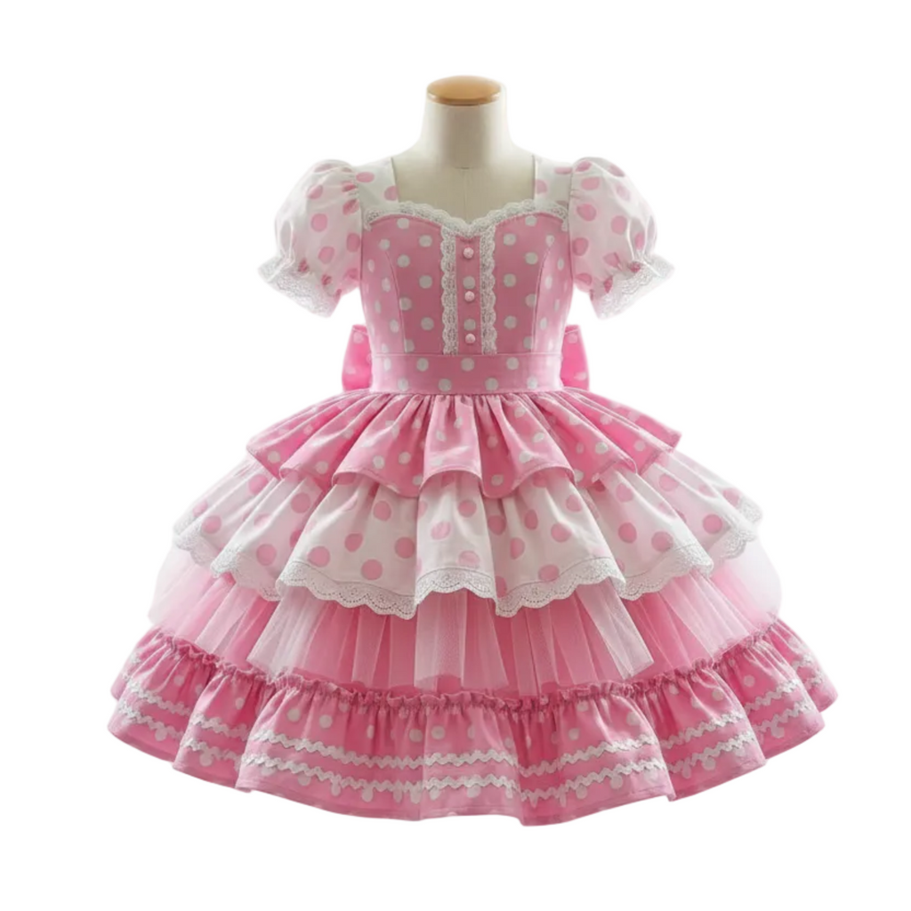A pink and white polka dot Lolita-style dress displayed on a mannequin torso against a plain white background.