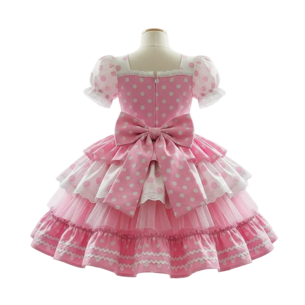 A pink and white polka dot Lolita-style dress displayed on a mannequin against a clean white background. The dress features a square neckline, short puff sleeves with lace trim, a large central bow at the waist, and a tiered tulle skirt with white lace accents.