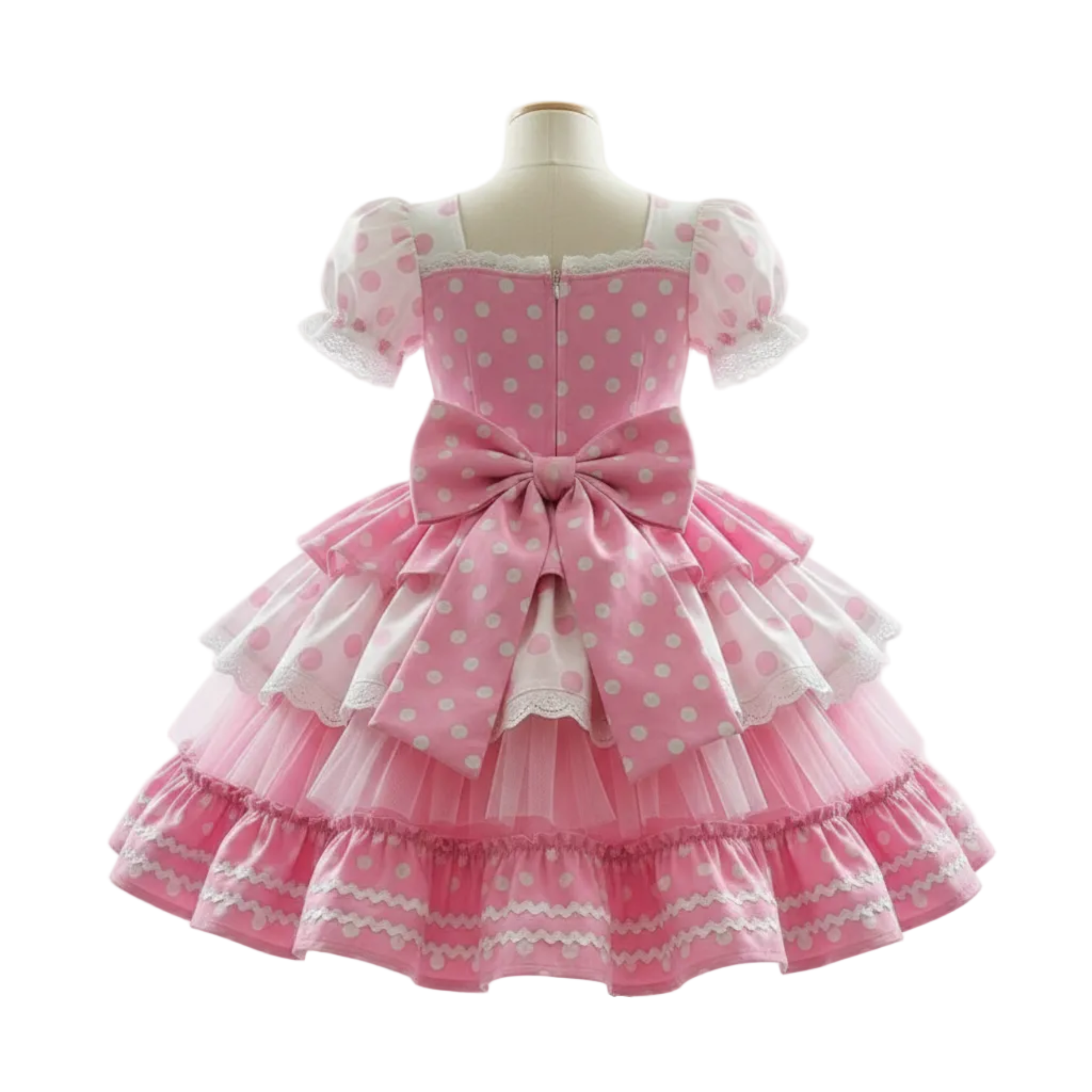 A pink and white polka dot Lolita-style dress displayed on a mannequin against a clean white background. The dress features a square neckline, short puff sleeves with lace trim, a large central bow at the waist, and a tiered tulle skirt with white lace accents.