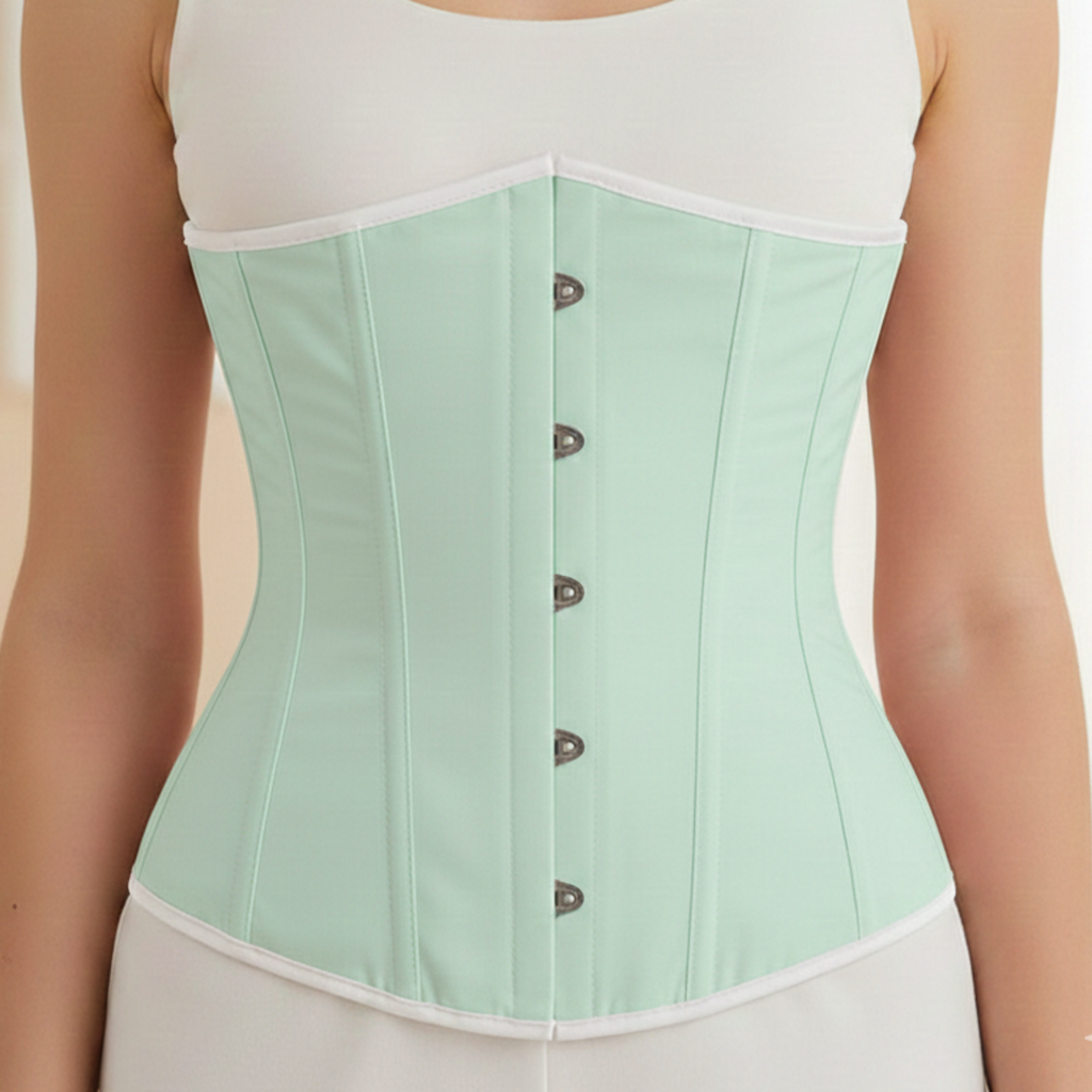 Woman wearing a green waist trainer corset over a white top and skirt.
