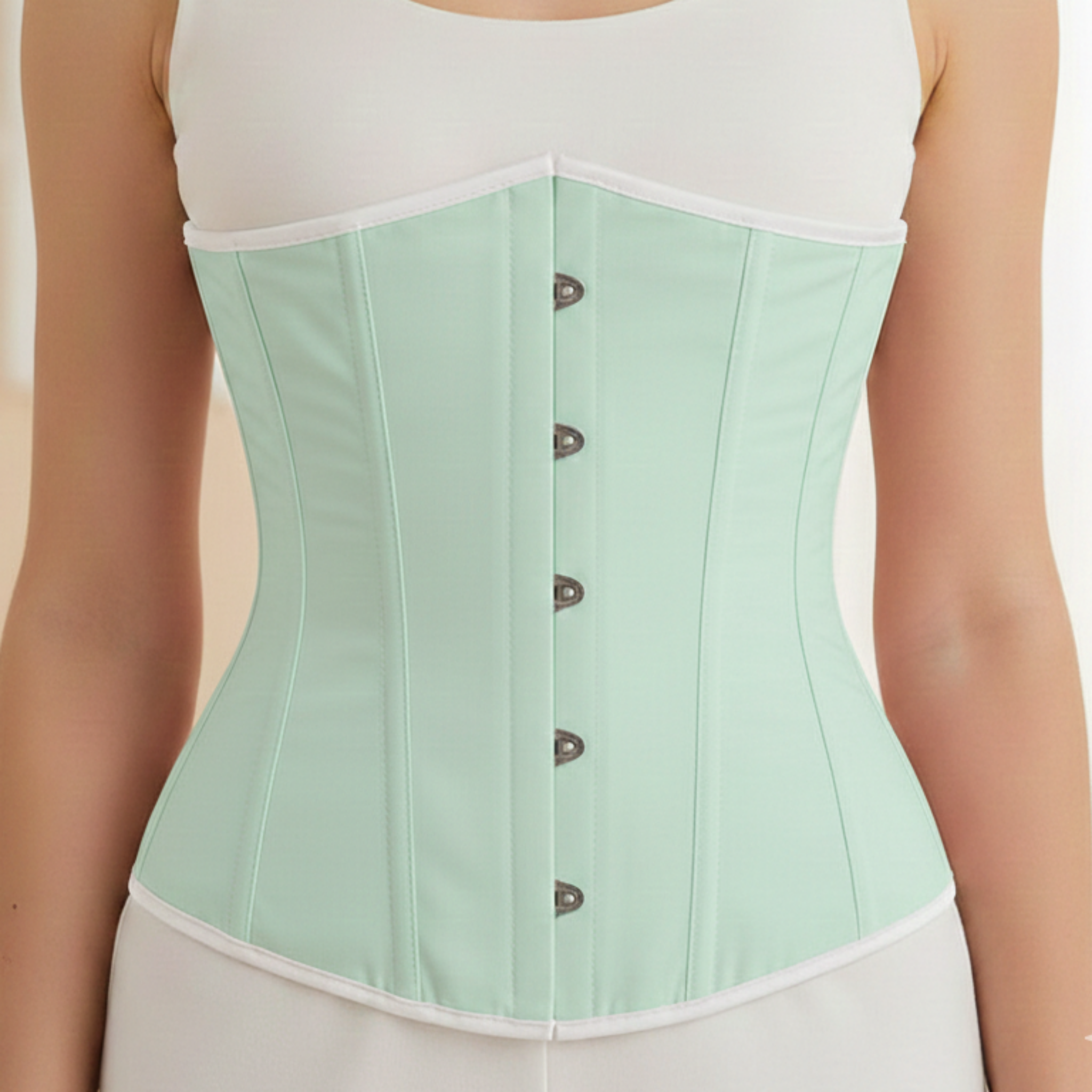 Woman wearing a green waist trainer corset over a white top and skirt.
