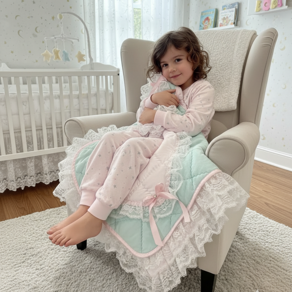Child sitting on a chair with a pink and mint green snuggle blanket in a nursery setting