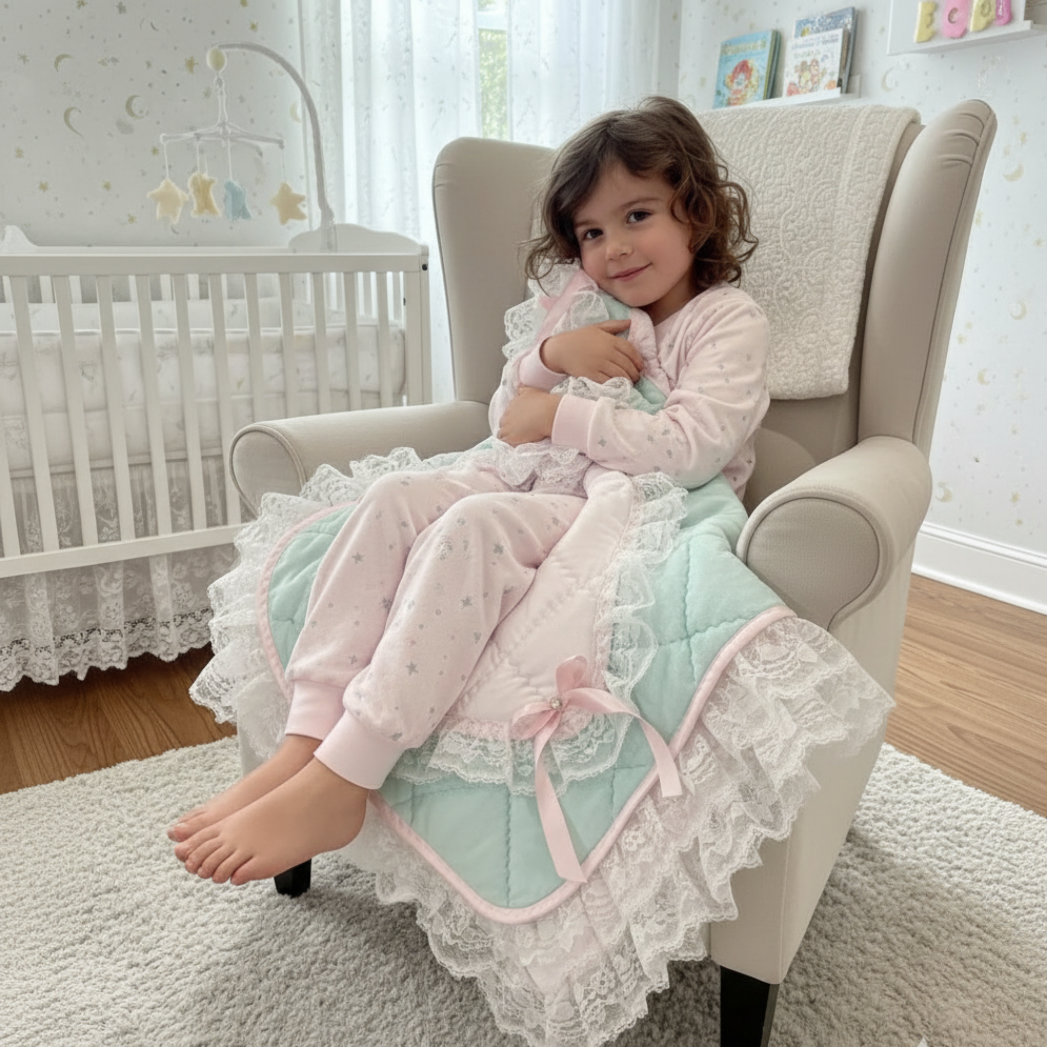 Child sitting on a chair with a pink and mint green snuggle blanket in a nursery setting