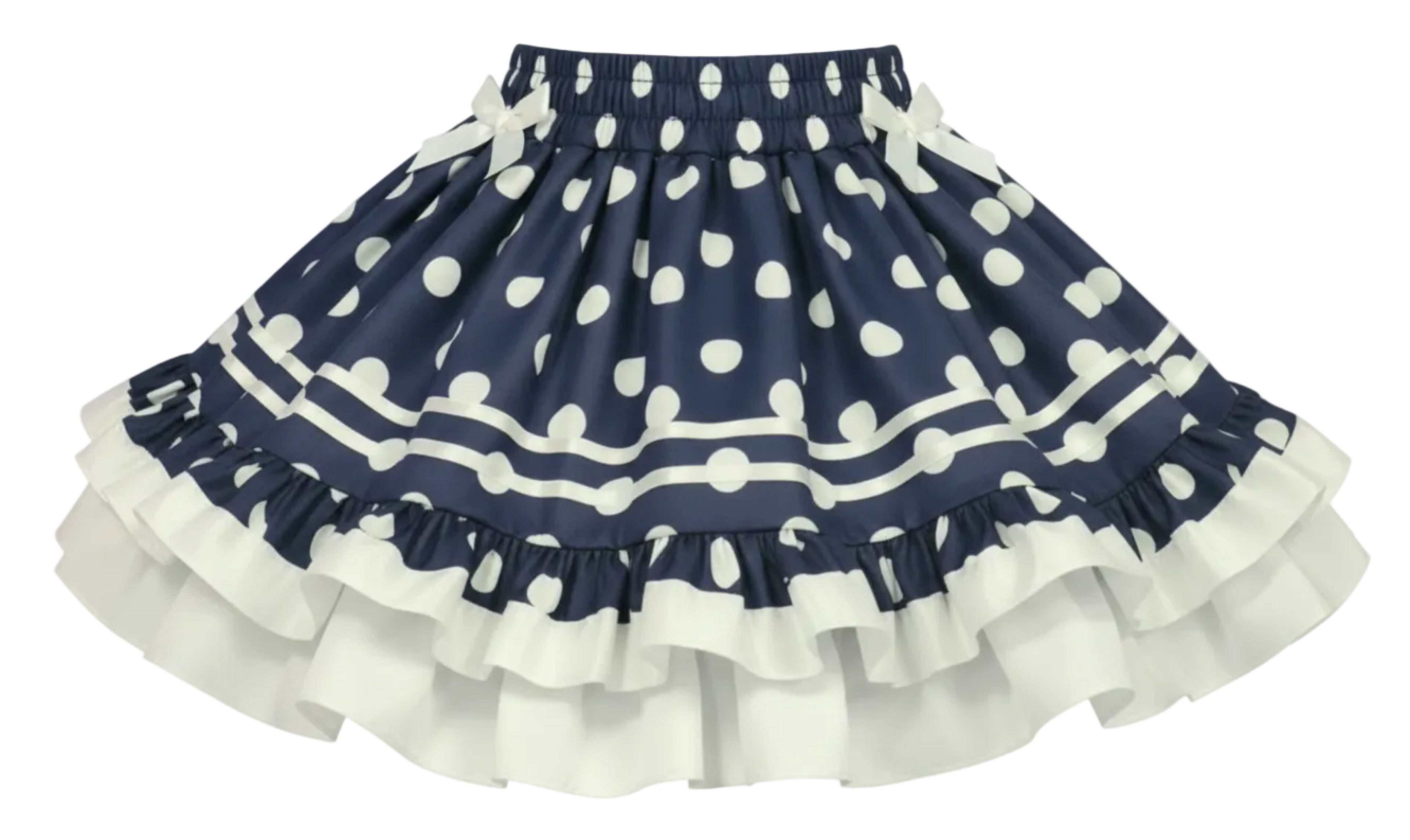 Navy blue skirt with white polka dots and ruffles on a white background