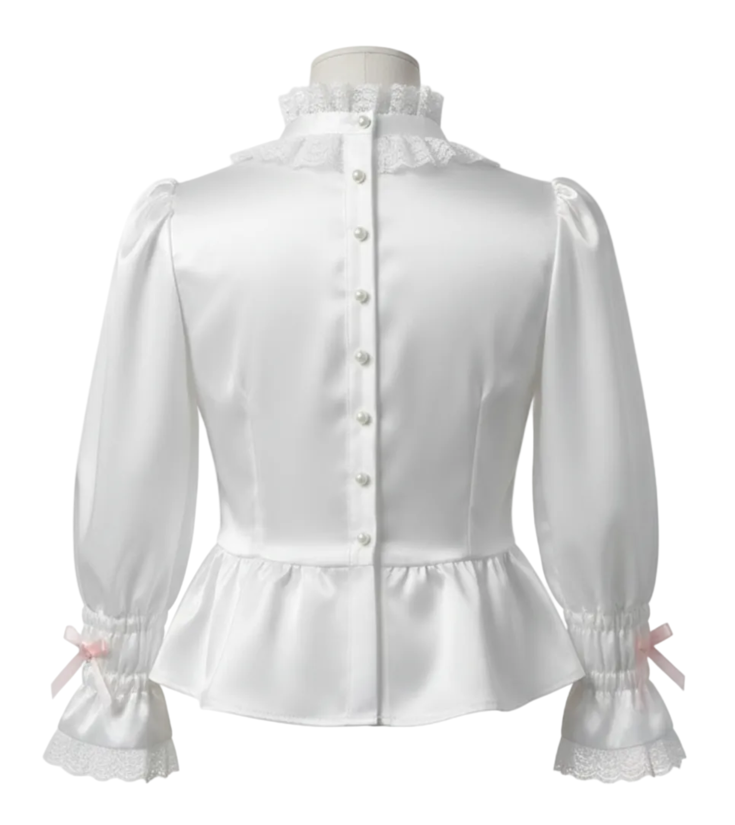 White satin blouse with pearl buttons on a white background