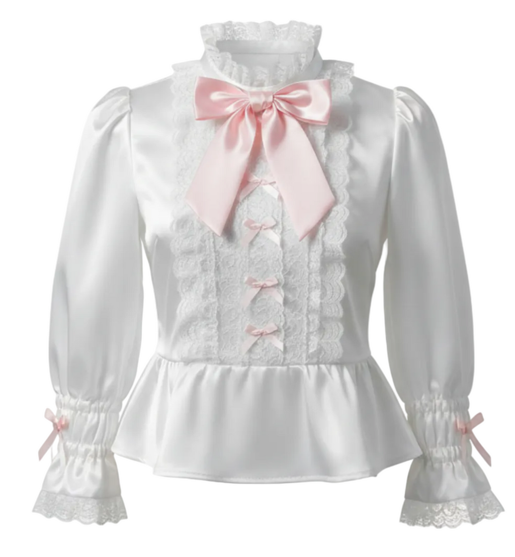White satin blouse with pink bows on a white background