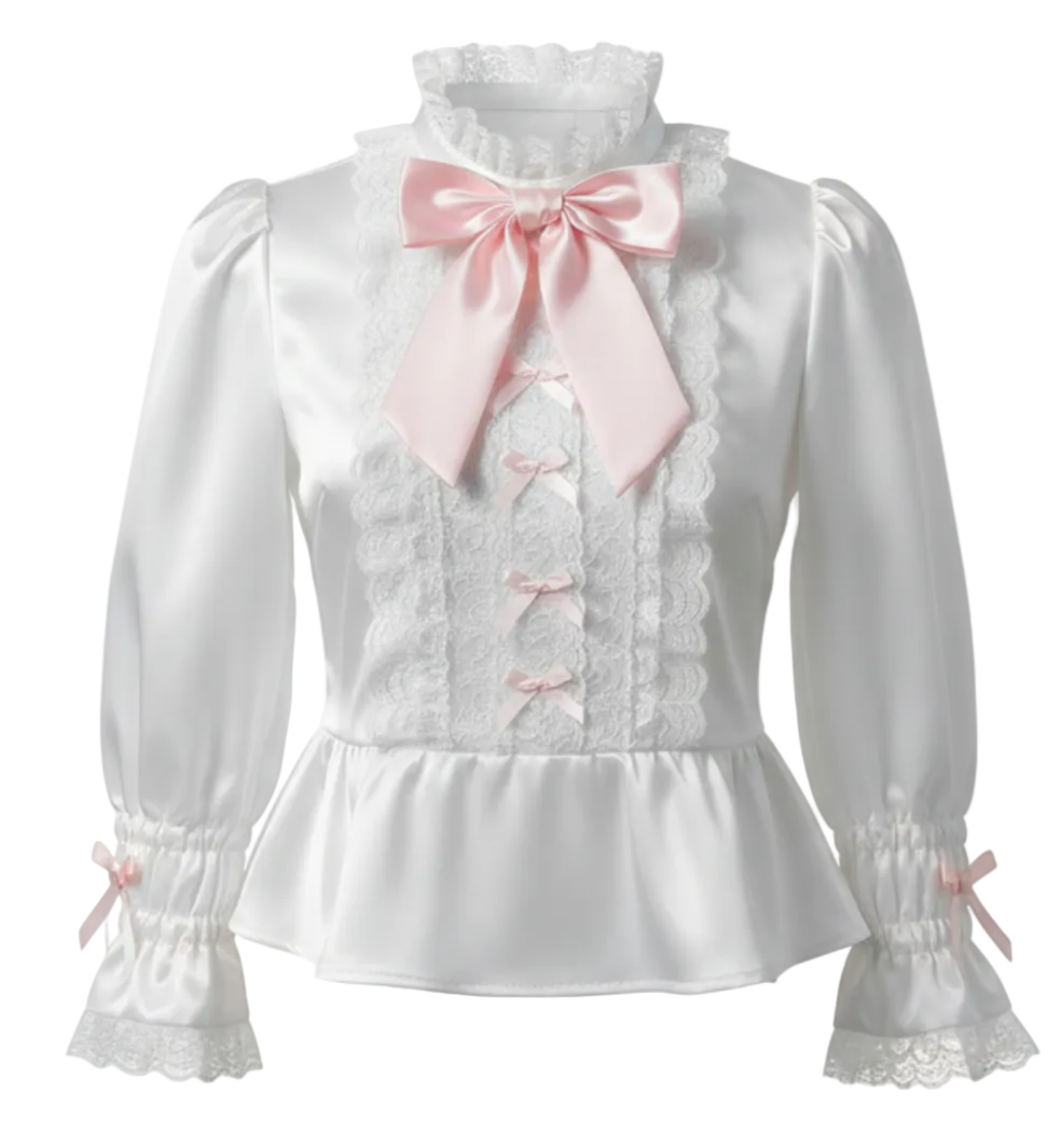 White satin blouse with pink bows on a white background
