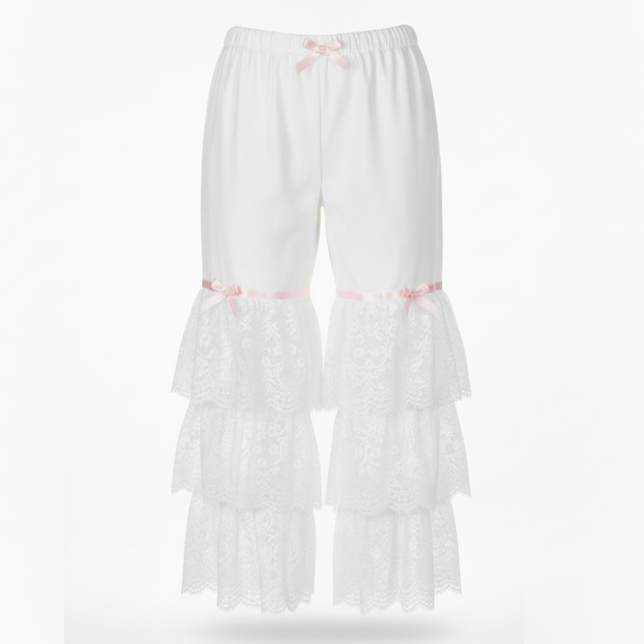 White lace pantalettes with pink bows on a white background