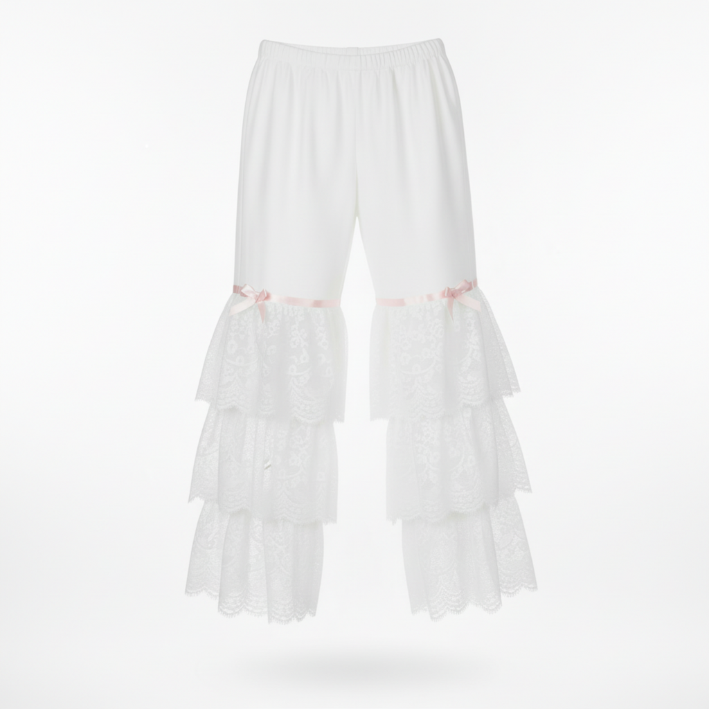 White tiered pantalette with pink bows on a white backgrounds