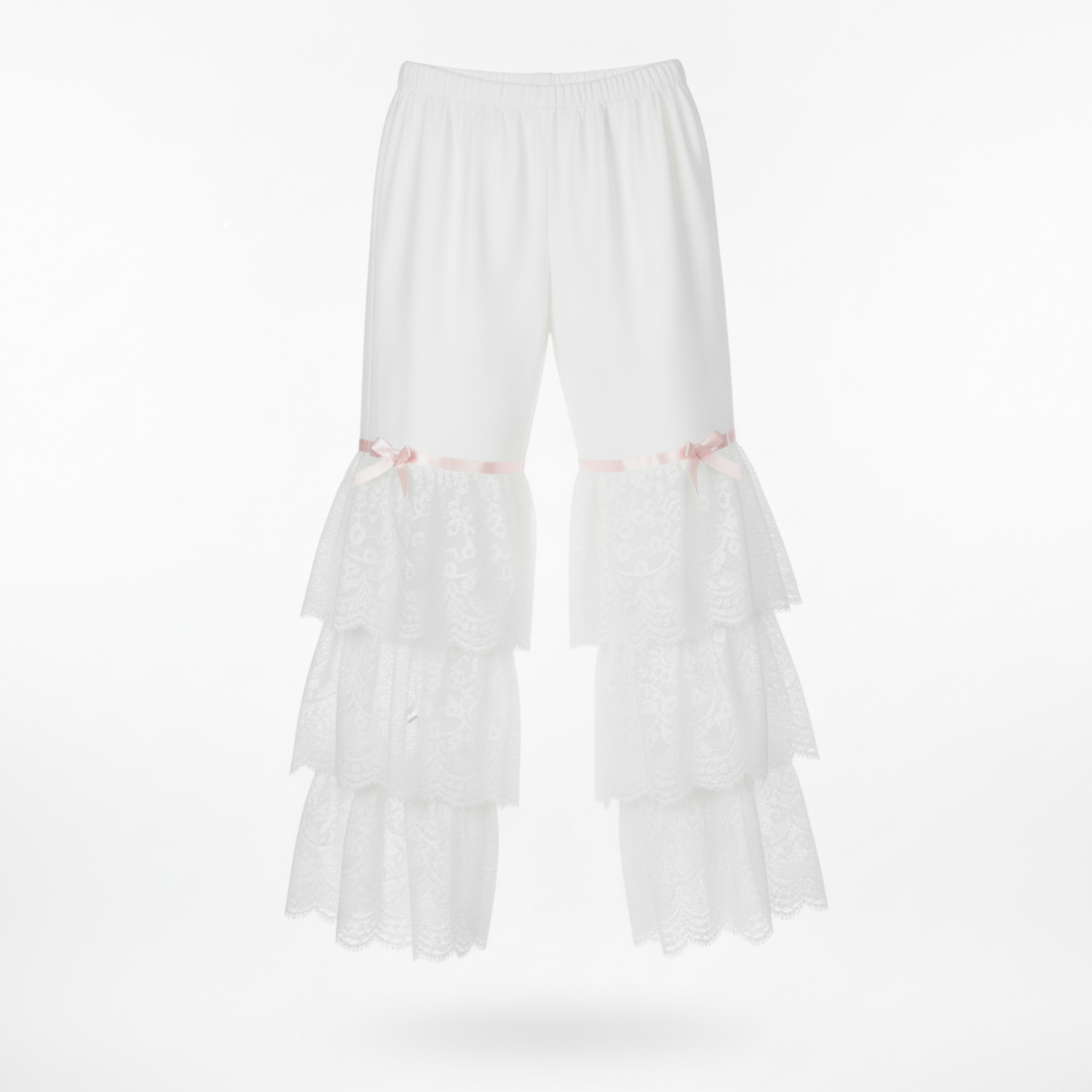 White tiered pantalette with pink bows on a white backgrounds