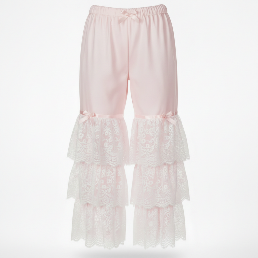 Pink lace pajama pants on a white background