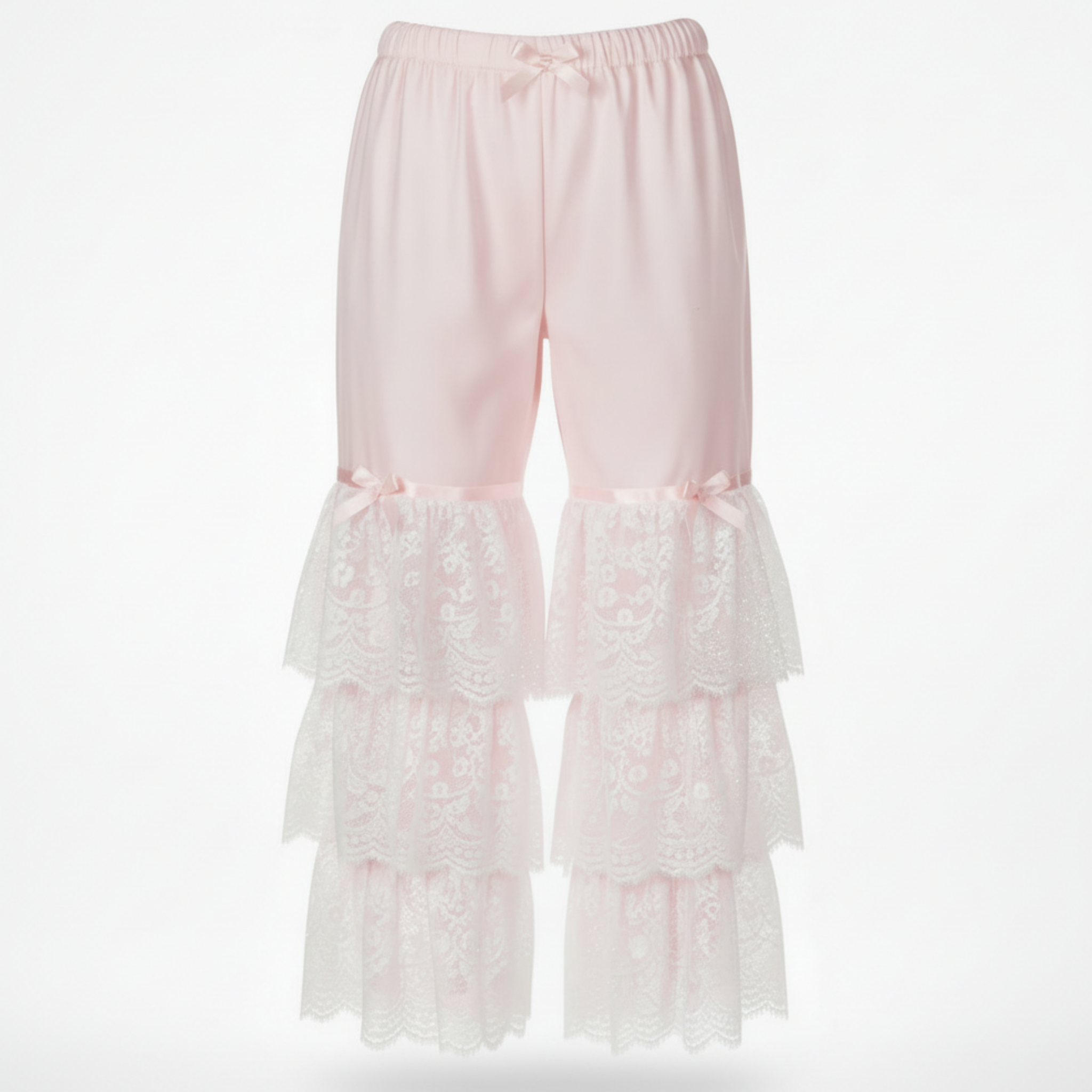 Pink lace pajama pants on a white background
