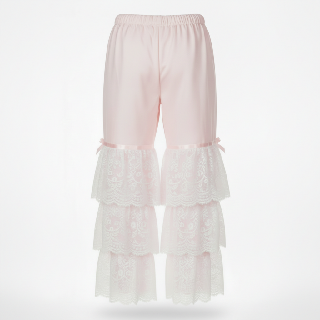 Pink lace tiered pantalettes on a white background