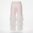 Pink lace tiered pantalettes on a white background
