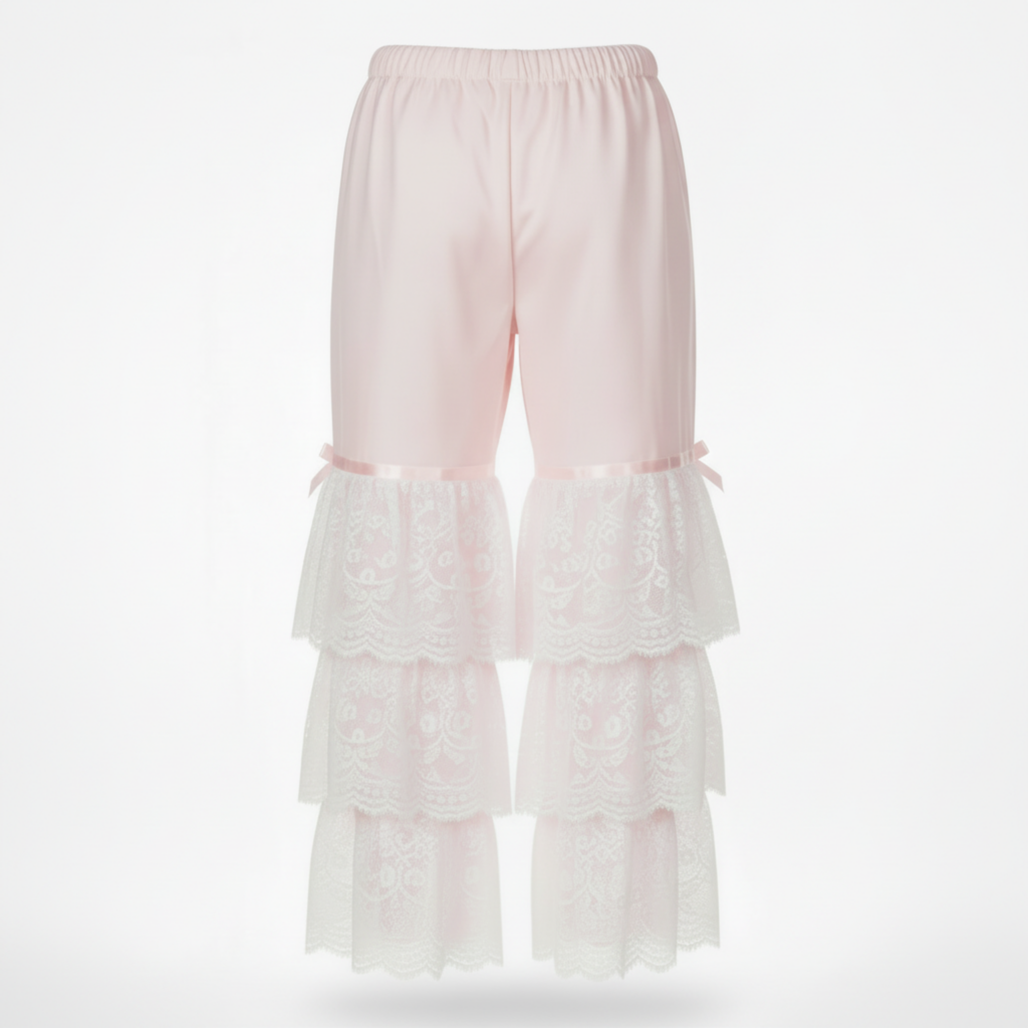 Pink lace tiered pantalettes on a white background