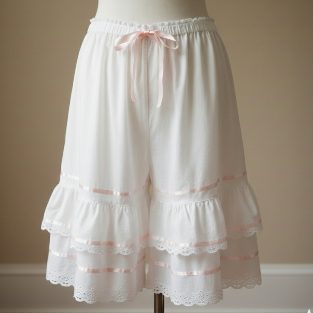 White lace pantalette with pink trim on a mannequin against a beige wall.