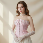 Woman wearing a pink floral damask corset and white gloves against a beige background