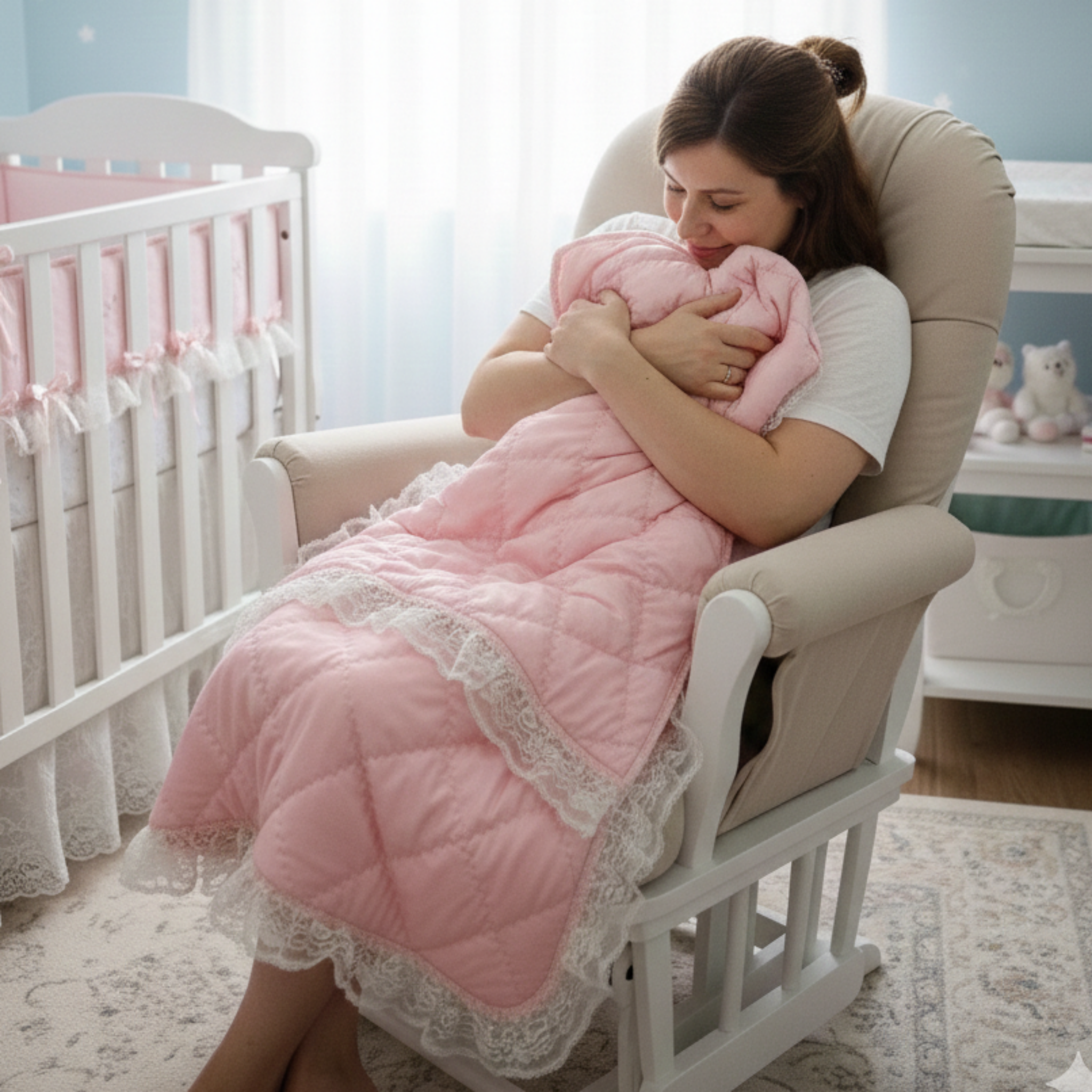 Woman hugging a pink minky  snuggle blanket in a nursery.