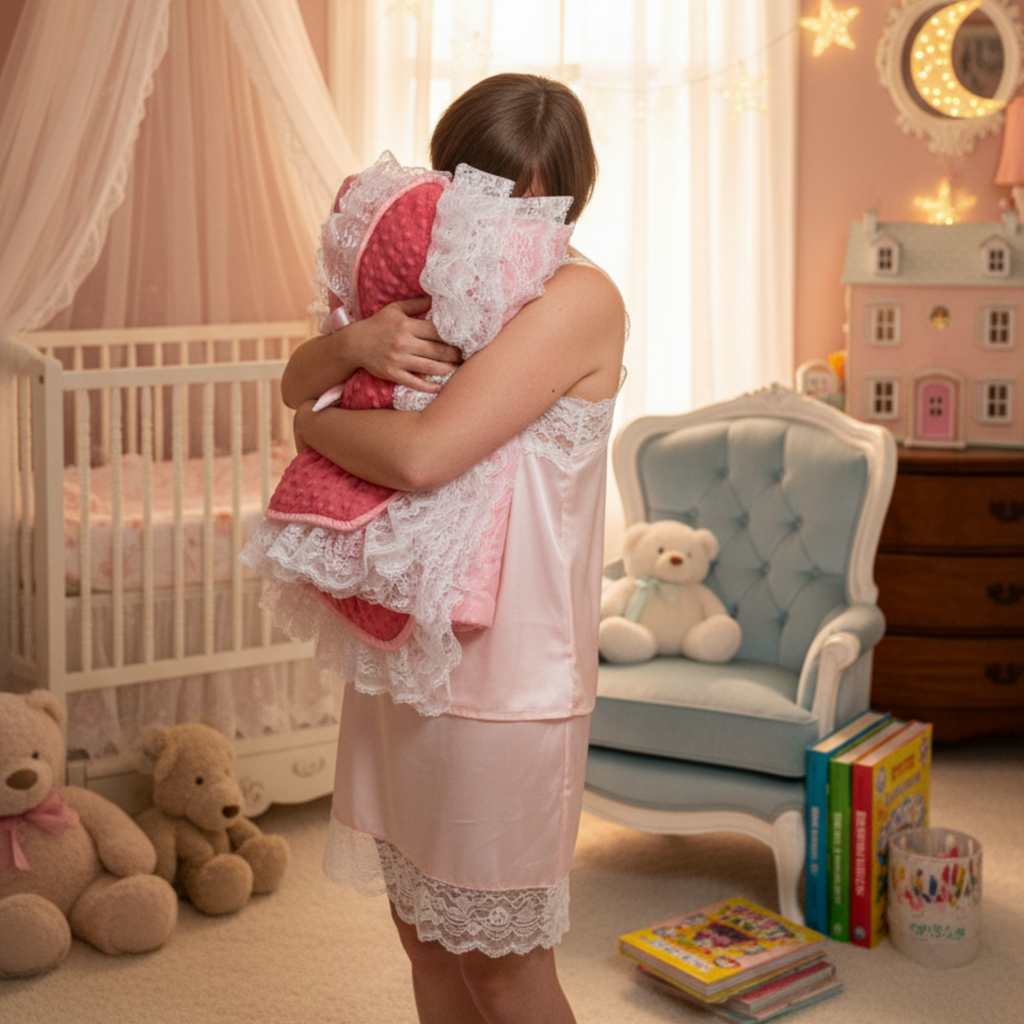 Woman holding a pink minky snuggle blanket in a decorated nursery with toys and furniture.