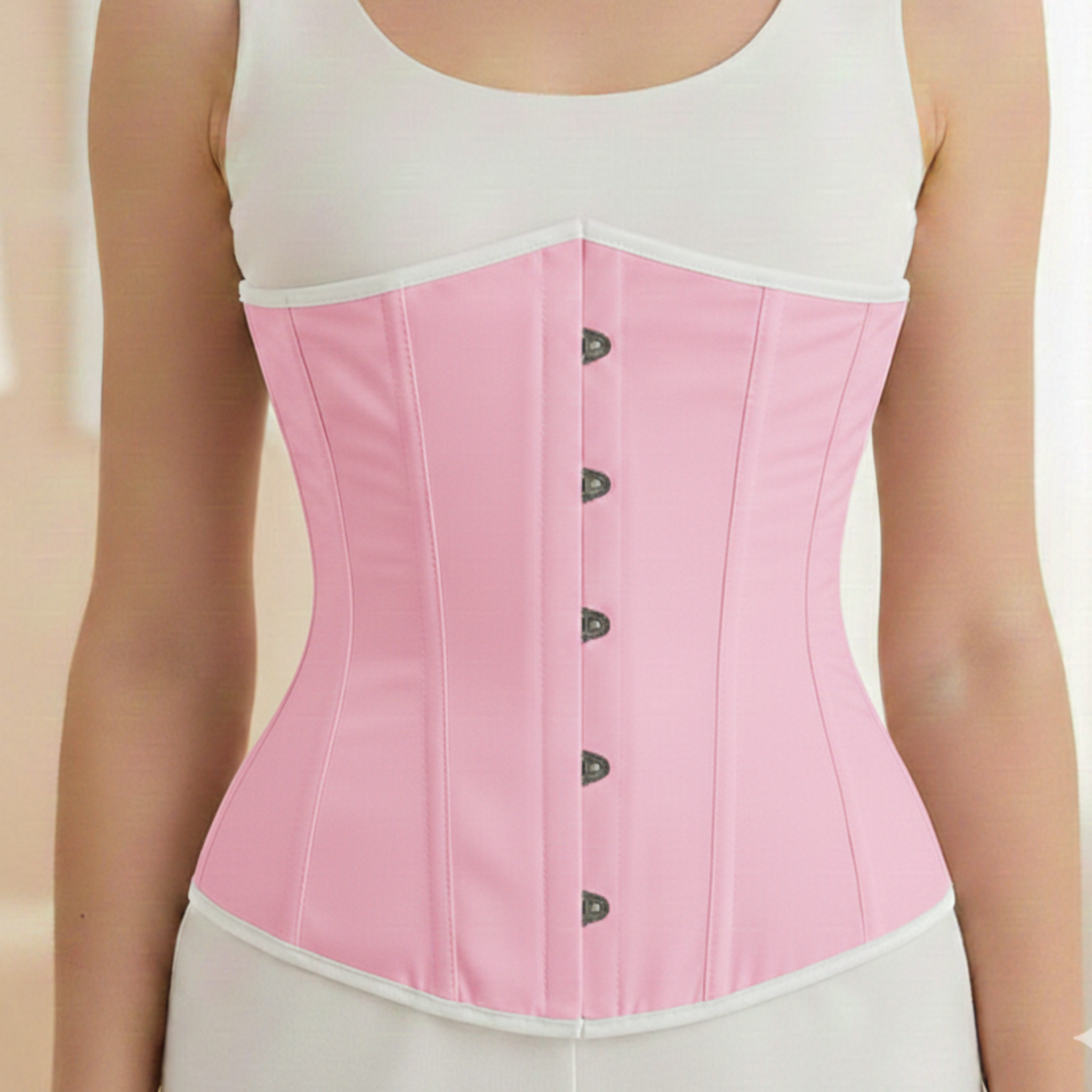 Person wearing a pink corset over a white tank top.