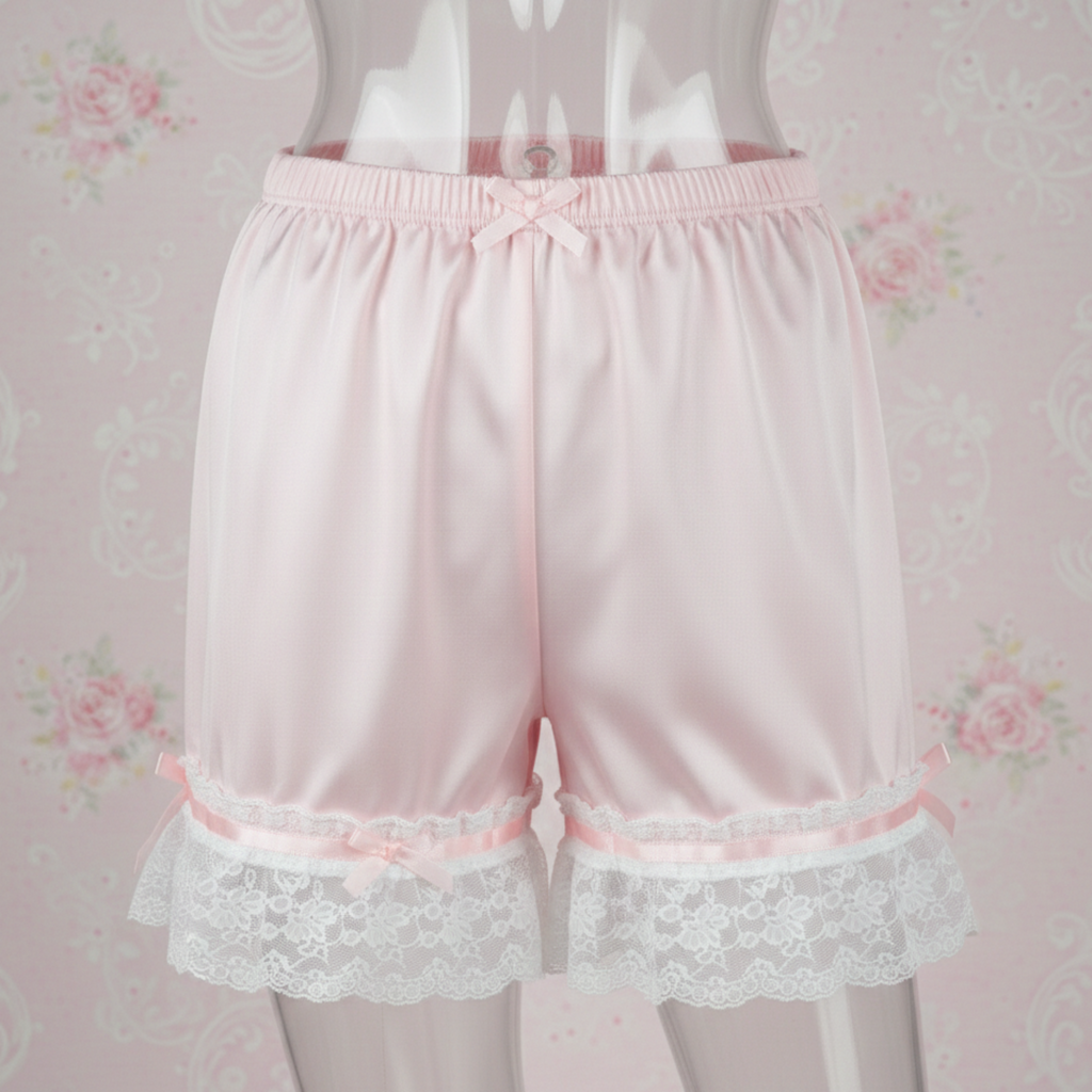 Pink Satin Sleep Shorts with lace trim on a floral background