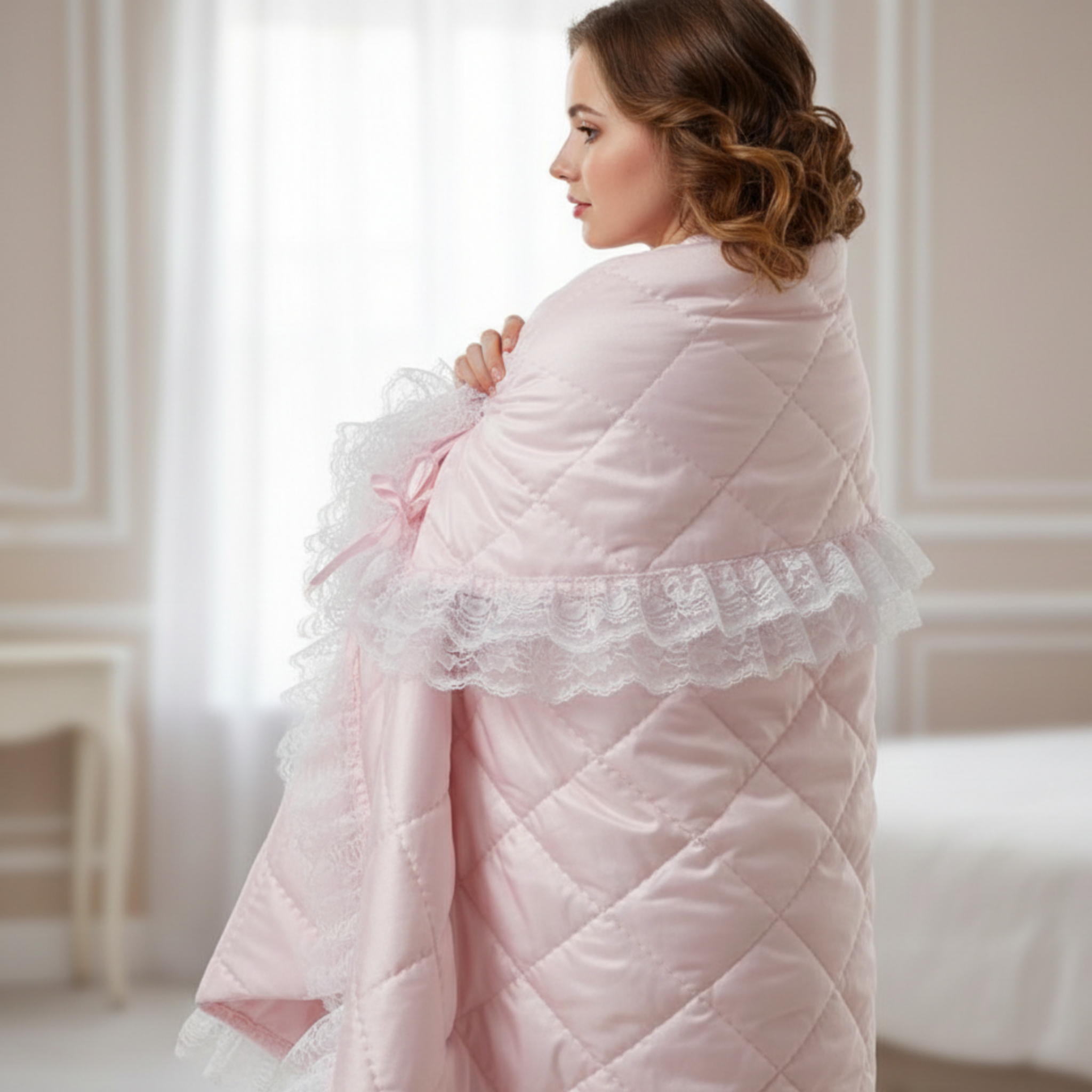 Woman wrapped in a pink snuggle quilt with lace trim in a softly lit room.