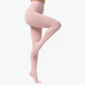 Pink tights worn by a person on a white background