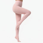 Pink tights worn by a person on a white background